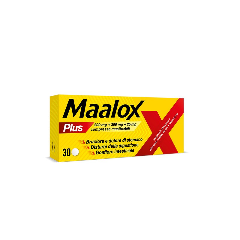 Maalox Plus azione rapida contro bruciore e acidità di stomaco, 30 cpr