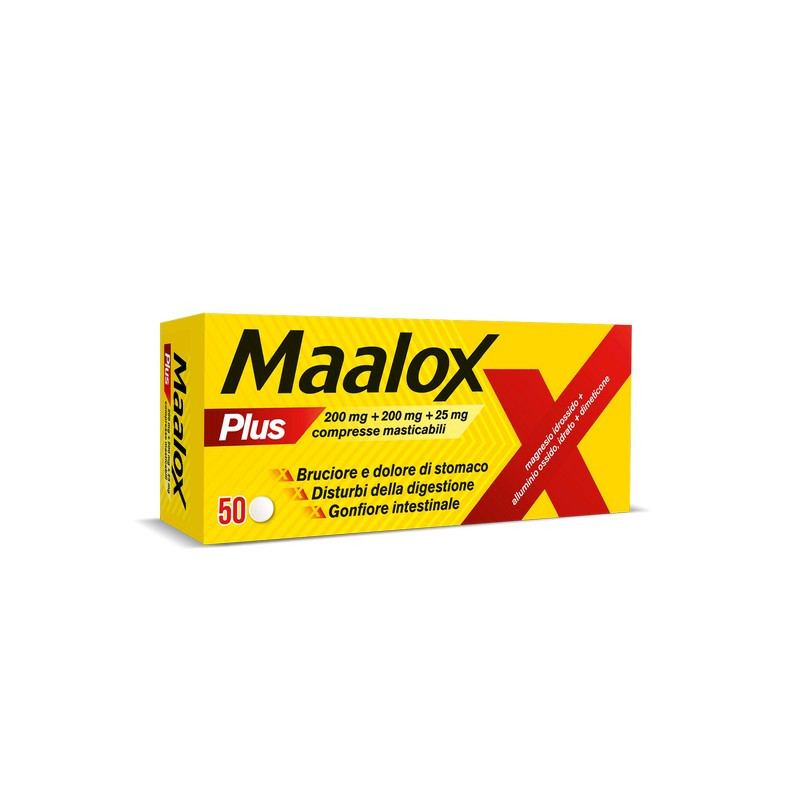 Maalox Plus azione rapida contro bruciore e acidità di stomaco, 50 cpr