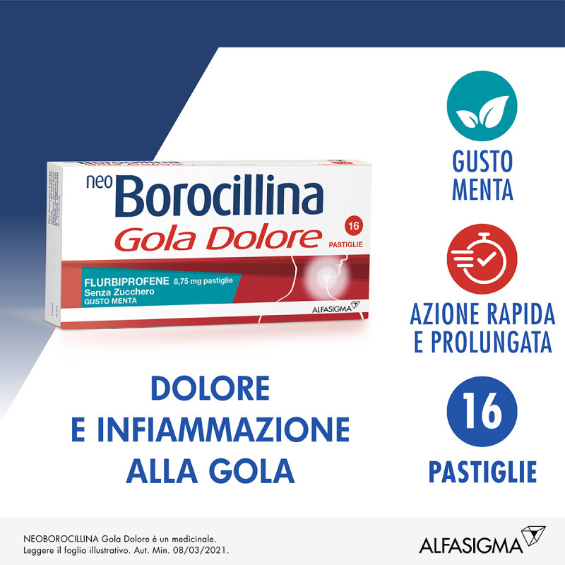 Neo Borocillina Gola Dolore 8,75mg Menta Senza Zucchero 16 Pastiglie mal di gola