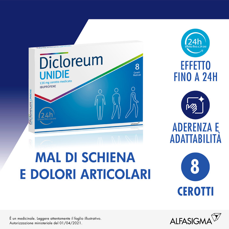 Dicloreum Unidie Cerotti Antinfiammatori per dolori muscolari e dolori articolari - 8 Cerotti 136mg
