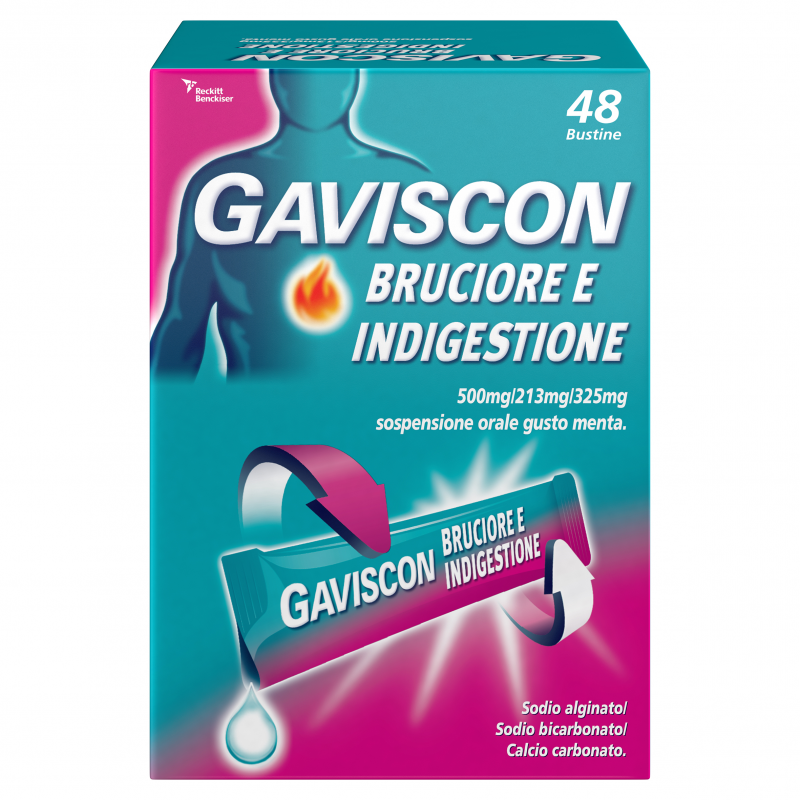 GAVISCON BRUCIORE&INDIGESTIONE 48 BUSTINE 10ML contro sintomi del reflusso gastroesofageo, indigestione, bruciore e acidità di stomaco