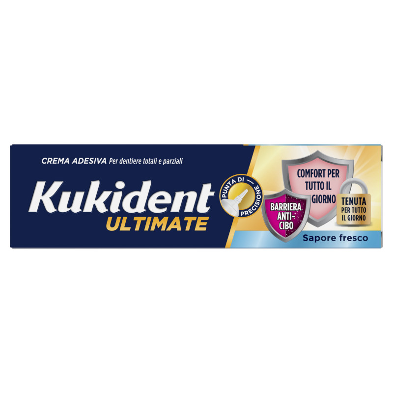 Kukident Ultimate Barriera Anti-cibo. Crema Adesiva Per Dentiere Totali e Parziali. Sapore Fresco 40g