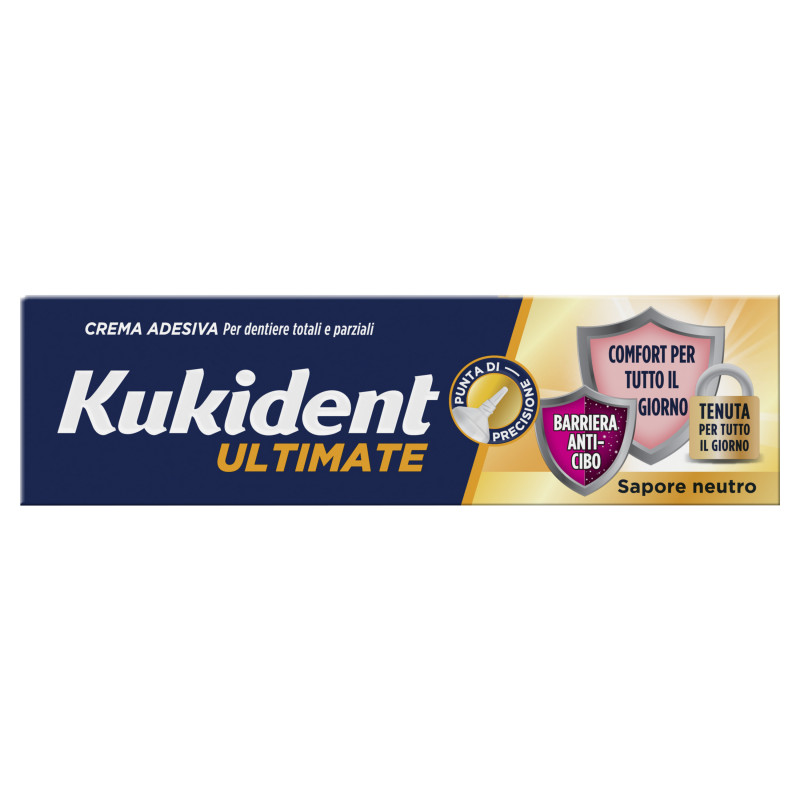 Kukident Ultimate Barriera Anti-cibo. Crema Adesiva Per Dentiere Totali e Parziali. Sapore Neutro 40g