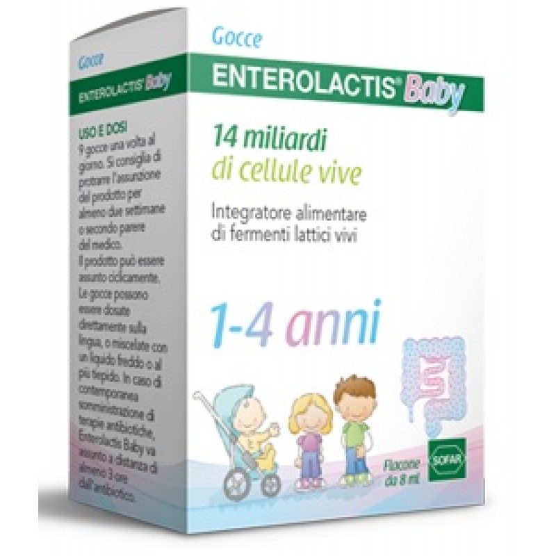 Enterolactis Baby Gocce, Integratore Alimentare con Fermenti lattici, probiotici L,Casei DG, 14 Miliardi Cellule Vive, Specifico per Bambini 1-4 anni, Flacone da 8ml