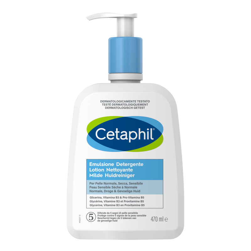 Cetaphil Emulsione Detergente Viso e Corpo, per Pelle Normale, Sensibile, Secca e Intollerante, Senza Profumo, Formato 470 ml