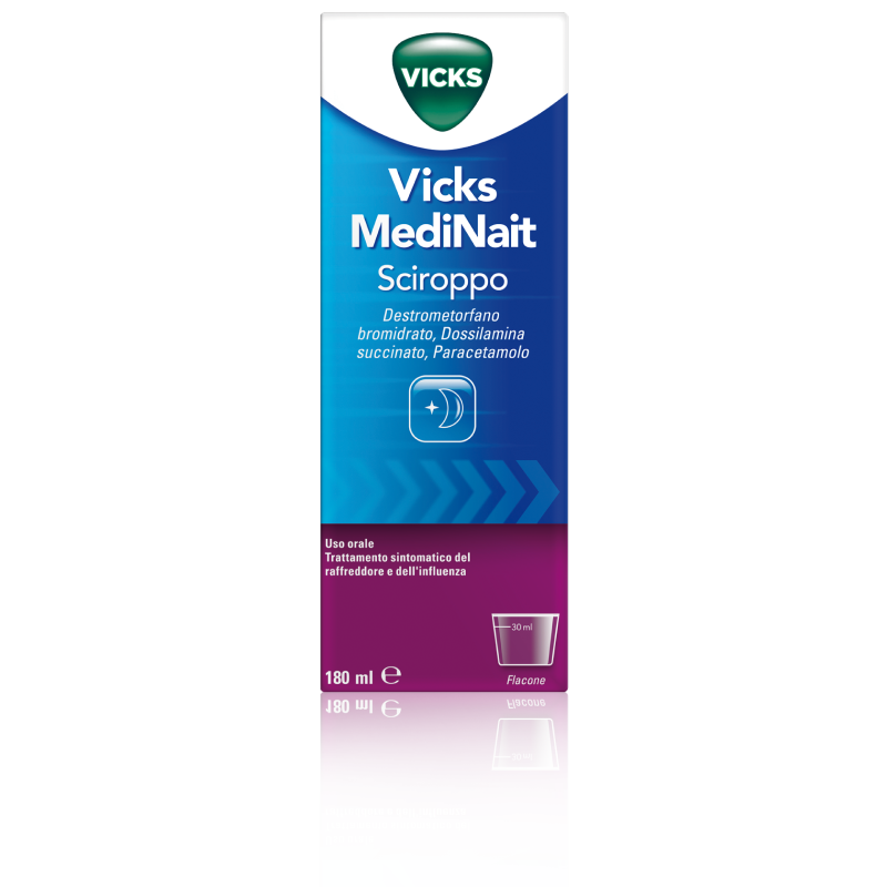 Vicks MediNait Sciroppo Contro I Sintomi Di Influenza, Raffreddore, Febbre E Tosse Flacone Da 180 ml