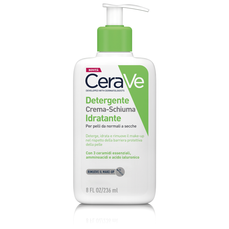 CeraVe Detergente crema-schiuma idratante Deterge ed Idrata. Con 3 ceramidi essenziali, acido ialuronico e tecnologia MVE 236 ml