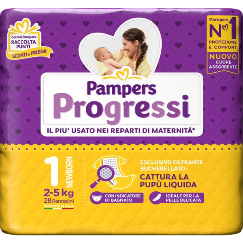 PAMPERS Progressi 28 Pannolini Taglia 1-NEWBORN Dai 2 ai 5kg