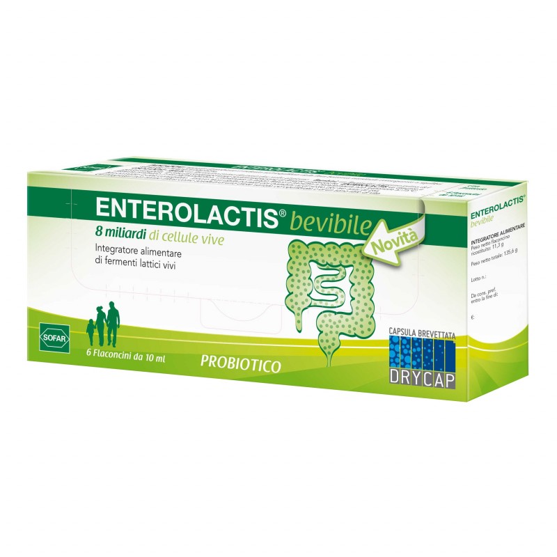 Enterolactis Bevibile, Integratore Alimentare con Fermenti lattici, probiotici L,Casei DG, 8 Miliardi Cellule Vive, Senza Glutine e Lattosio, 6 Flaconcini da 10ml, Gusto Fragola