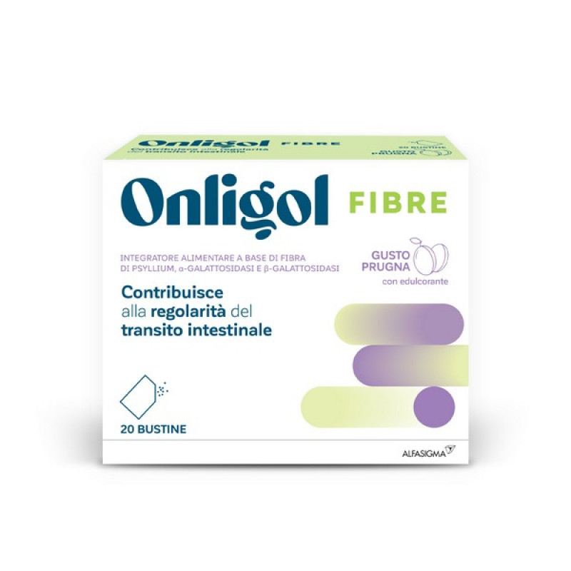 Onligol Fibre, integratore lassativo a base di fibre di Psyllium - utile in caso di stitichezza - Gusto Prugna 20 Bustine