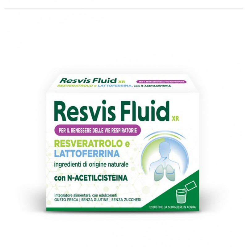 Resvis Fluid XR, Integratore Alimentare di Resveratrolo e Lattoferrina, utile per rinforzare le difese immunitarie e per il benessere delle vie respiratorie, fluidificante, con N-Acetilcisteina, Senza Glutine e Zuccheri, 12 Bustine, Gusto Pesca