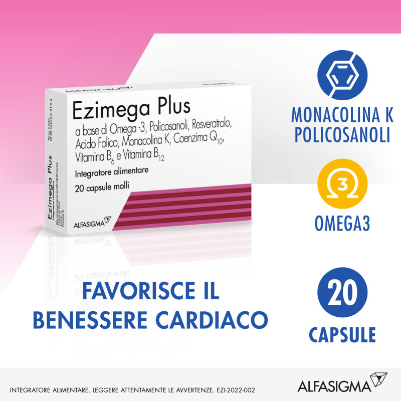 Ezimega Plus, Integratore per il Colestereolo a Base di Omega-3, Policosanoli, Resveratrolo, Acido Folico, Monacolina K, Coenzima Q10, Vitamina B6 e Vitamina B12, utile per il controllo del colesterolo e dei trigliceridi, 20 Capsule molli