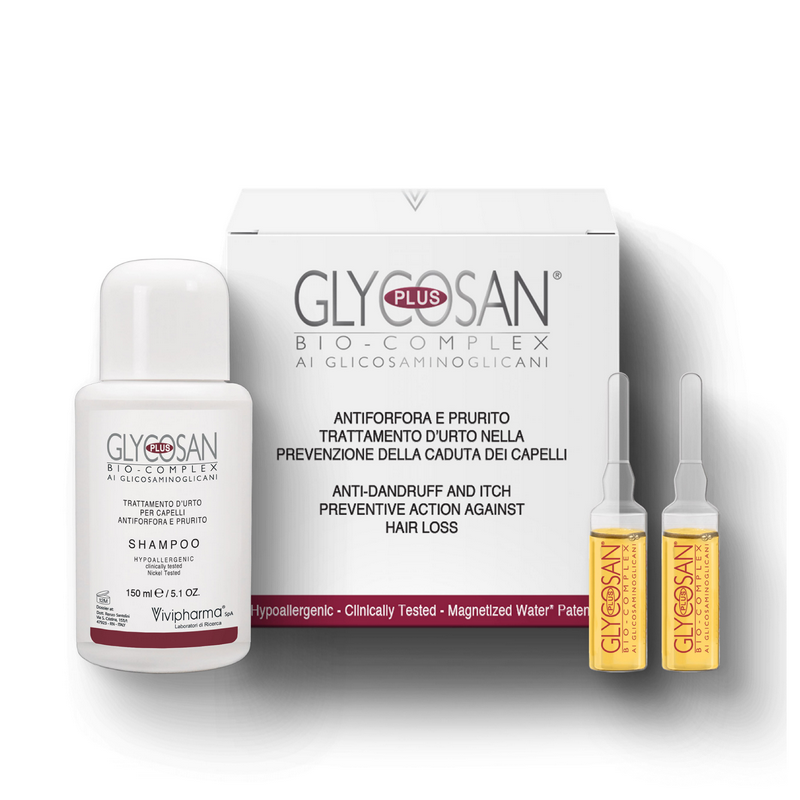 GLYCOSAN PLUS BIO COMPLEX - ANTIORFORA E PRURITO TRATTAMENTO D'URTO PREVENZIONE CADUTA DEI CAPELLI, 12 FIALE+SHAMPOO 150ML