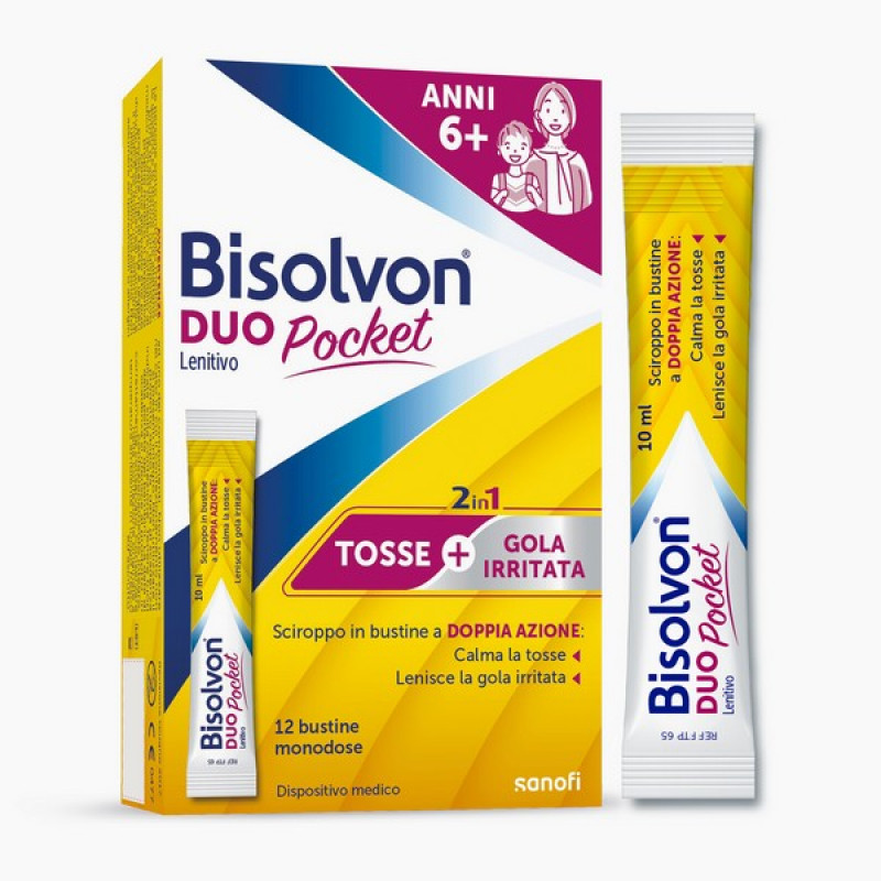 Bisolvon Duo Pocket Lenitivo Sciroppo in Bustina Contro Tosse e Gola Irritata, per Adulti e Bambini (12 Bustine Monodose)