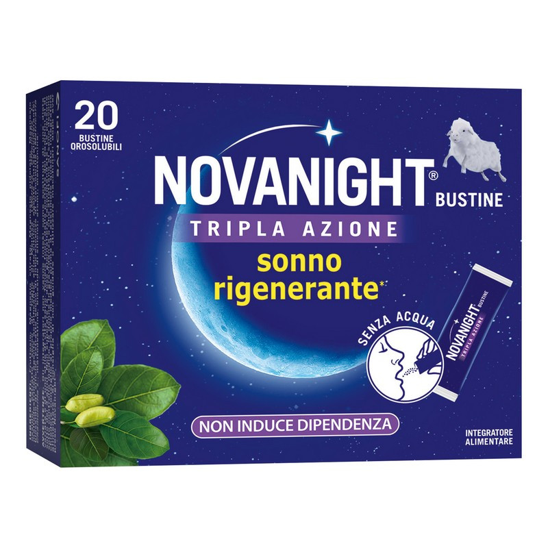 NOVANIGHT Tripla Azione, Integratore Alimentare con Melatonina per Dormire, Magnesio e Griffonia, Senza Glutine, 20 Bustine Orosolubili al Gusto Camomilla e Agrumi