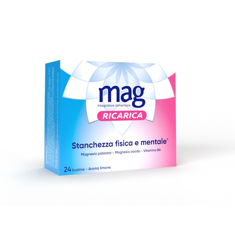 Mag Ricarica 24 bustine , Integratore Alimentare A base di Magnesio Pidolato, Magnesio Ossido e Vitamina B6 Contro la Stanchezza Mentale e Fisica, Senza Glutine e Senza Lattosio, Aroma Limone