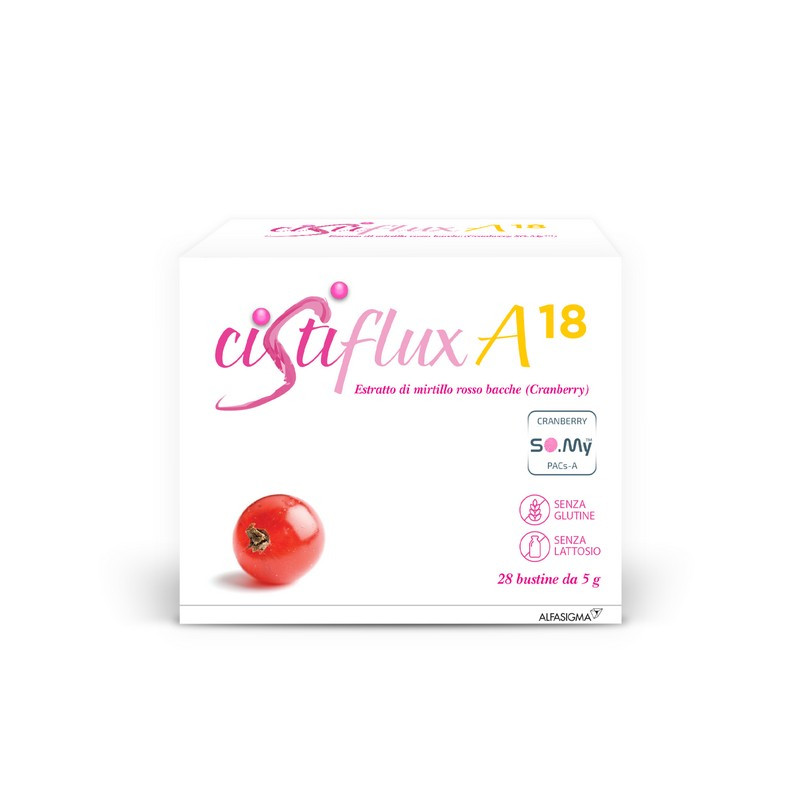 Cistiflux A18, Integratore Alimentare a Base di Estratto Concentrato di Mirtillo Rosso, Cranberry Americano, Che Favorisce la Funzionalità delle Vie Urinarie, utile in caso di cistite, 28 Bustine, Gusto Frutti di Bosco