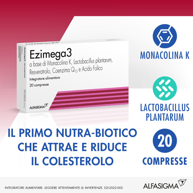 Ezimega 3, Integratore per il Colesterolo a Base di Monacolina K, Resveratrolo, Coenzima Q10, Lp-Ldl Probiotico Lactobacillus Plantarum, Acido Folico, utile per il controllo di colesterolo e trigliceridi, 20 Compresse