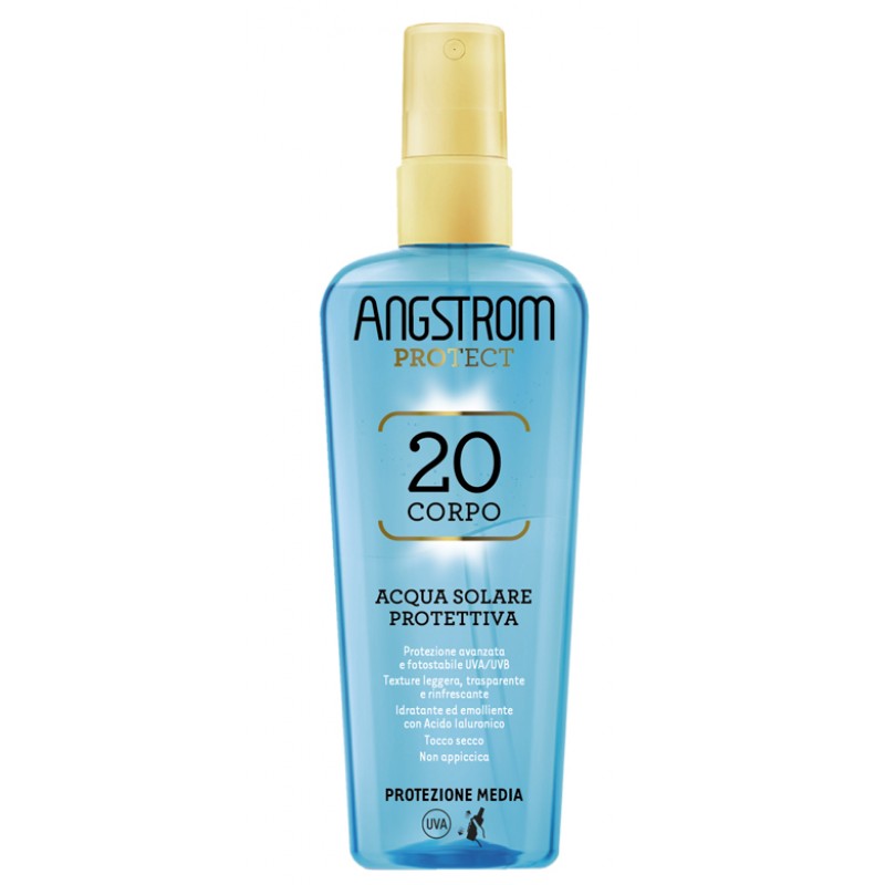 Angstrom Acqua Solare Protettiva Spf 20 Con Filtri Solari Fotostabili Uva/Uvb, Spray Solare Ad Azione Idratante Ed Emolliente, Resistente All'Acqua E Al Sudore, Dermatologicamente Testato, 140ml