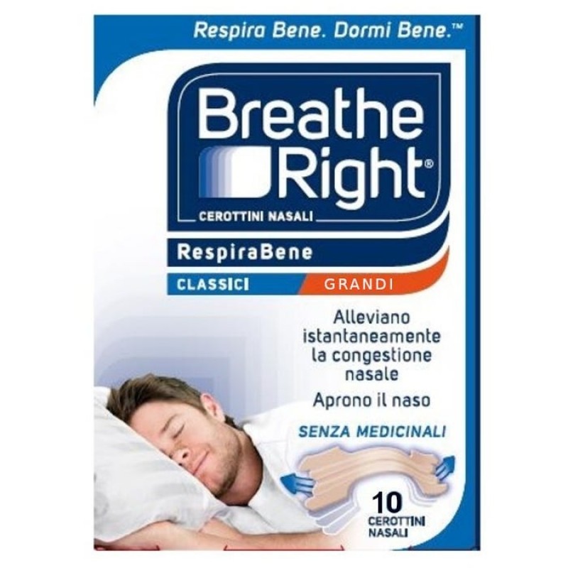 BREATH RIGHT Cerottini Nasali Classici Grandi 10 Pezzi (sostituisce ufficialmente Rinazina RespiraBene)