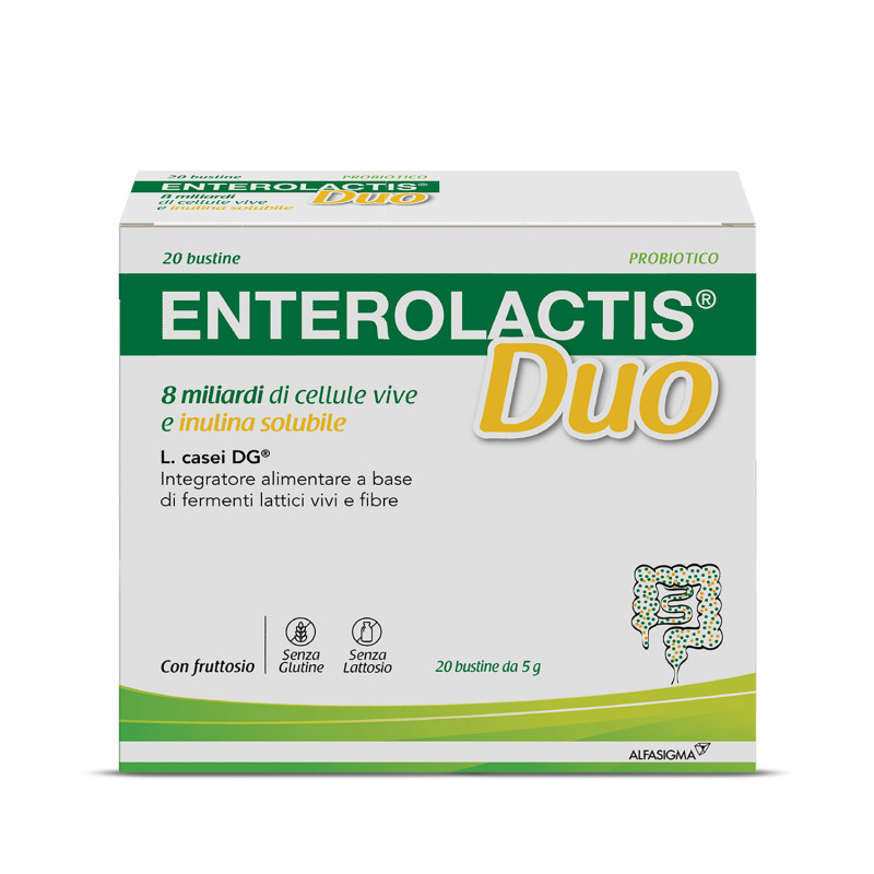 Enterolactis Duo, Integratore Alimentare con Fermenti lattici, probiotici L,Casei DG, 8 Miliardi Cellule Vive, Con Fruttosio, Senza Glutine e Lattosio, 20 Bustine