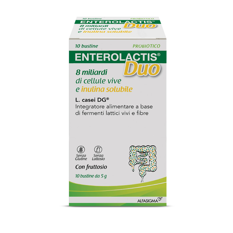 Enterolactis Duo, Integratore Alimentare con Fermenti lattici, probiotici L,Casei DG, 8 Miliardi Cellule Vive, Con Fruttosio, Senza Glutine e Lattosio, 10 Bustine