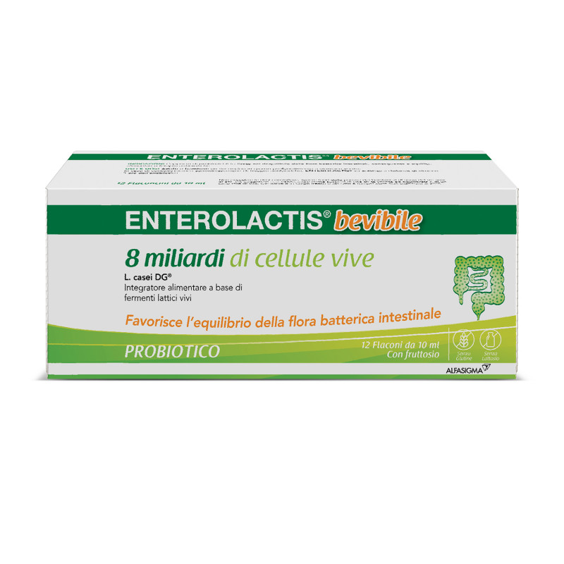 Enterolactis Bevibile, Integratore Alimentare con Fermenti lattici, probiotici L,Casei DG, 8 Miliardi Cellule Vive, Senza Glutine e Lattosio, 12 Flaconcini da 10ml, Gusto Fragola