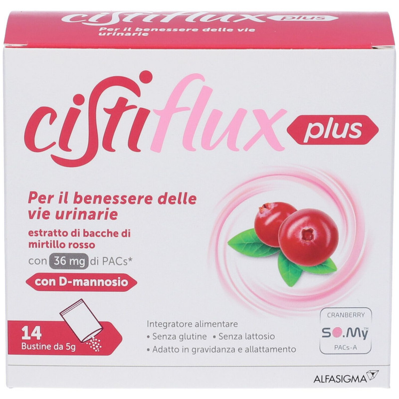 Cistiflux a Plus 36Ed, Integratore a Base di Estratto di Mirtillo Rosso, Cranberry Americano, e D-Mannosio, per Favorire Una Corretta Funzionalità delle Vie Urinarie, utile in caso di cistite, 14 Bustine, Gusto Frutti di Bosco