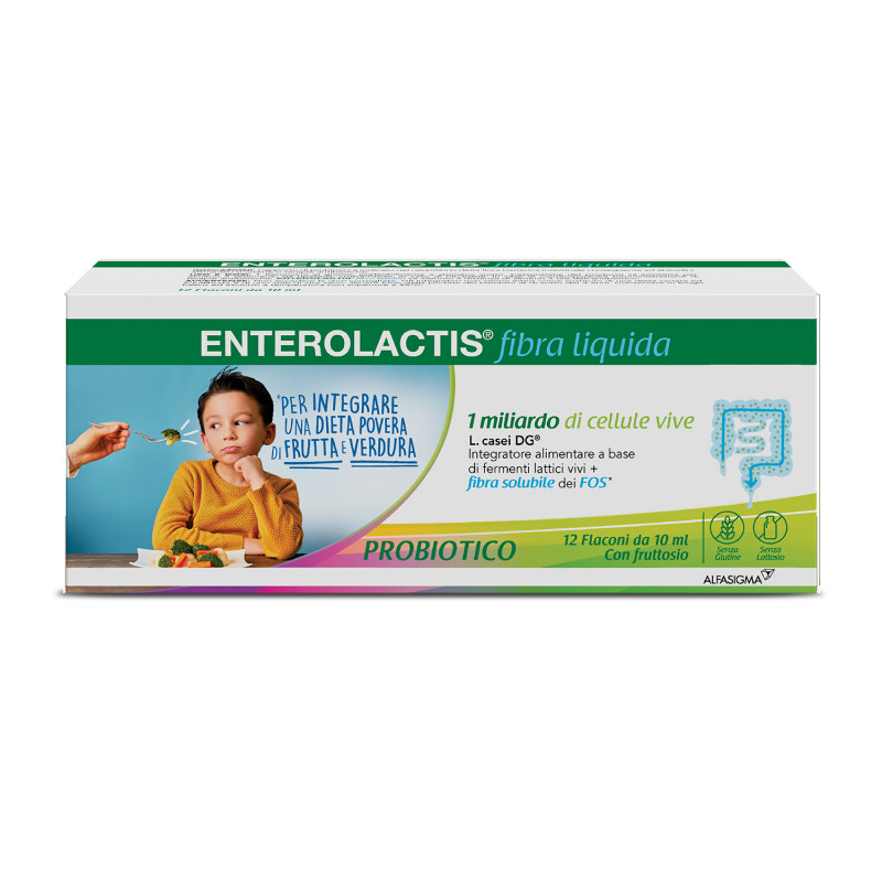 Enterolactis Fibra Liquida, Integratore Alimentare con Fermenti lattici, probiotici, Fibra solubile FOS, Fruttoligosaccaridi, 1 Miliardo Cellule Vive, Senza Glutine e Lattosio, 12 Flaconcini Gusto Limone