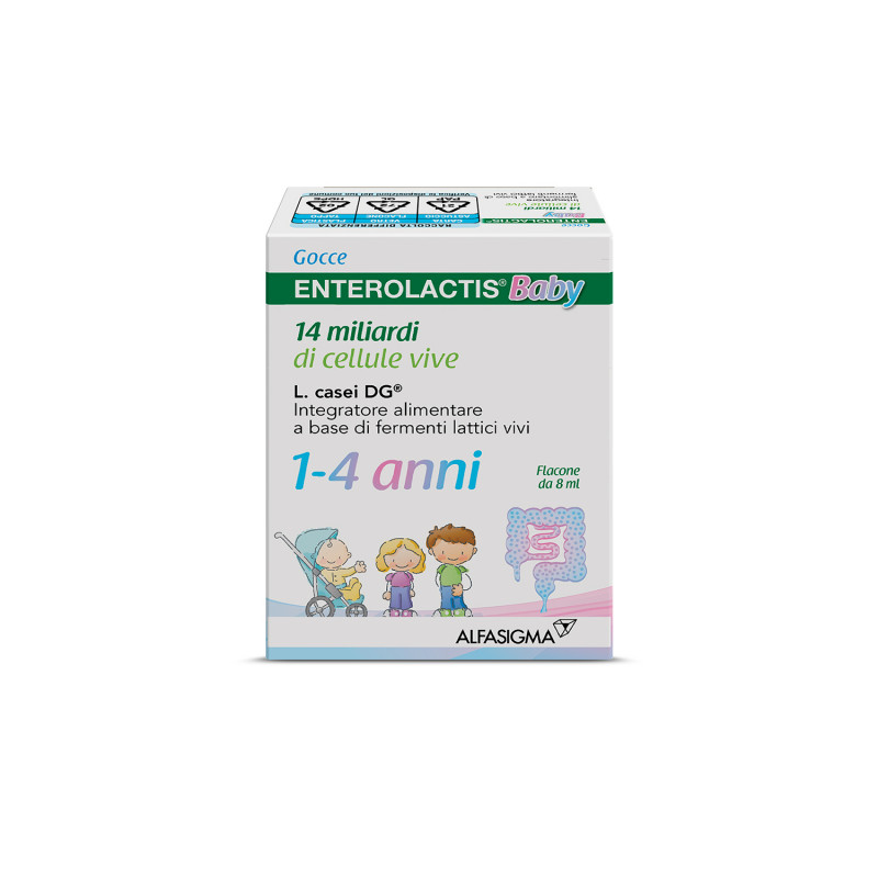 Enterolactis Baby Gocce, Integratore Alimentare con Fermenti lattici, probiotici L,Casei DG, 14 Miliardi Cellule Vive, Specifico per Bambini 1-4 anni, Flacone da 8ml