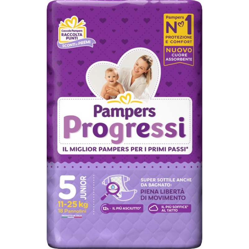 PAMPERS Progressi 18 Pannolini Taglia 5-JUNIOR Dagli 11 ai 25kg