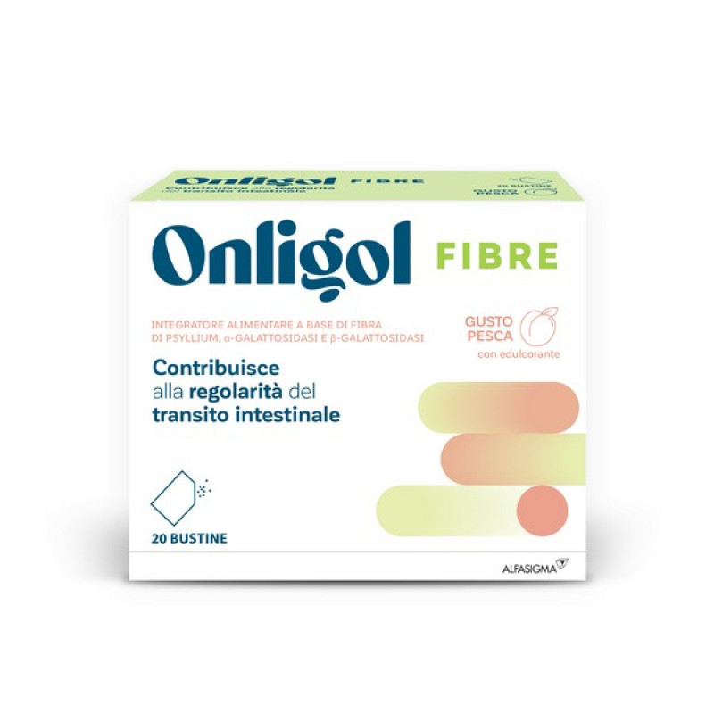 Onligol Fibre, integratore lassativo a base di fibre di Psyllium - utile in caso di stitichezza - Gusto Pesca 20 Bustine