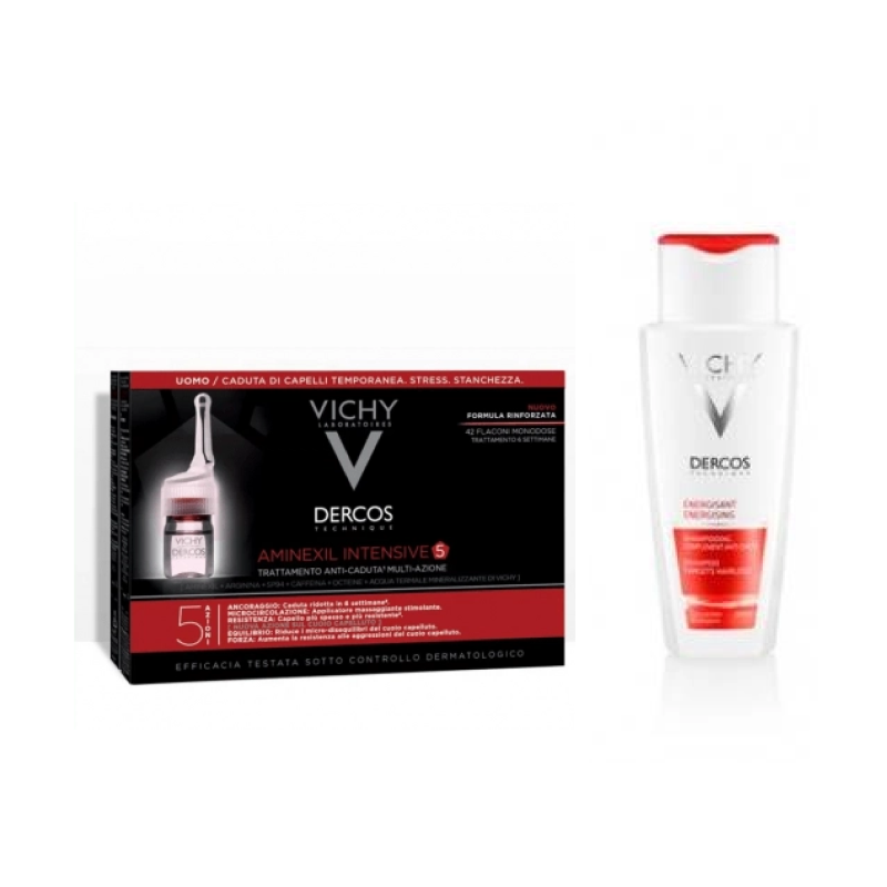 Vichy Dercos Aminexil Intensive 5 Trattamento anticaduta uomo 42 fiale da 6 ml & Vichy Dercos Shampoo Energy+ 200 ml