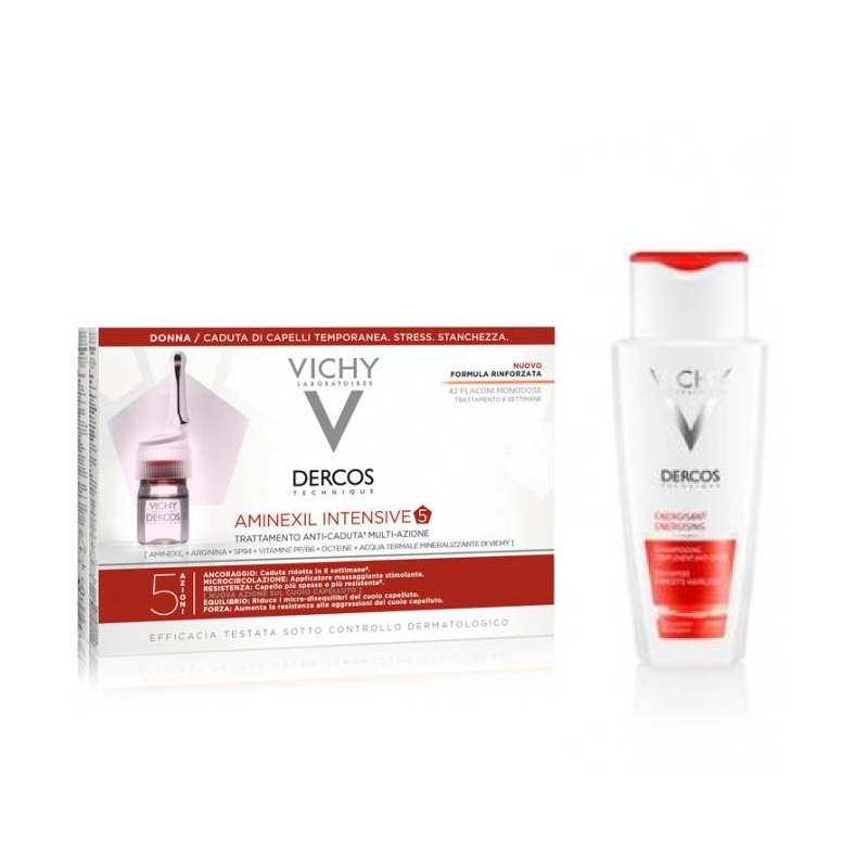 Vichy Dercos Aminexil Intensive 5 Trattamento Anticaduta donna 42 fiale da 6 ml & Vichy Dercos Shampoo Energy+ 200 ml