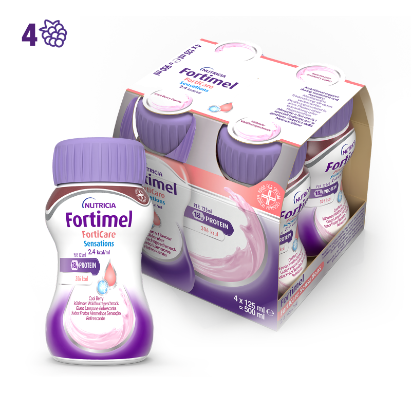 Nutricia Fortimel Forticare Sensations, Lampone Rinfrescante, Ipercalorico e Iperproteico, 4x125ml