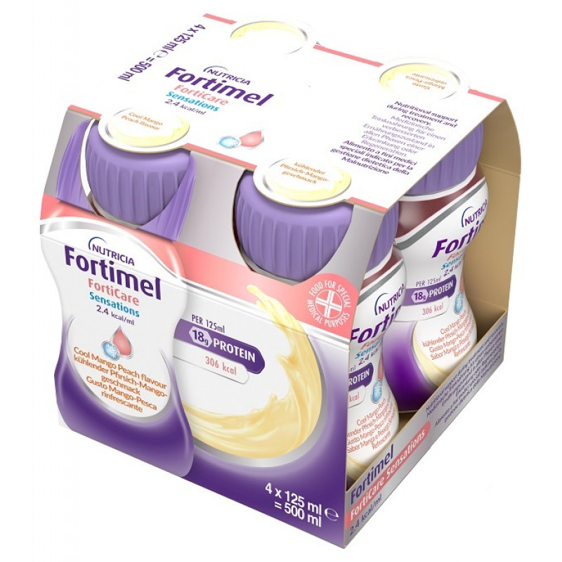 Nutricia Fortimel Forticare Sensations, Pesca Mango Rinfrescante, Ipercalorico e Iperproteico, 4x125ml