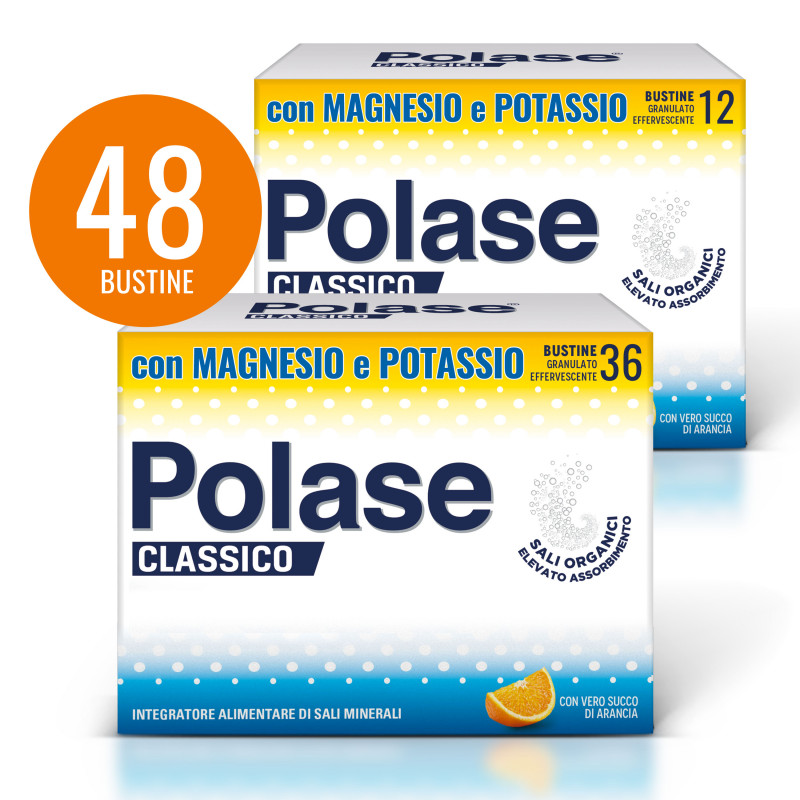 Polase Classico Magnesio e Potassio Integratore Alimentare Sali Minerali Gusto Arancia, doppio formato 12+36 Bustine