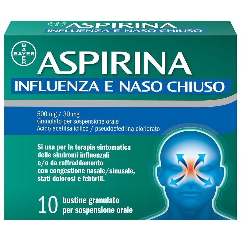 Aspirina Influenza e Naso Chiuso, Granulato per Soluzione Orale, 500mg Acido Acetilsalicilico + 30mg Pseudoefedrina, Effetto Antipiretico e Decongestionante, 10 Bustine