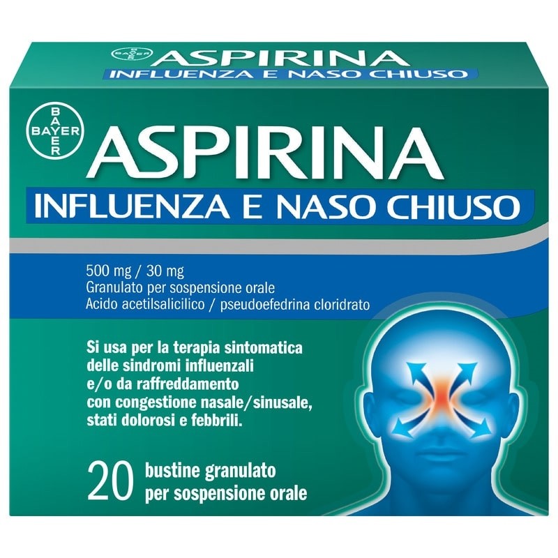 Aspirina Influenza e Naso Chiuso, Granulato per Soluzione Orale, 500mg Acido Acetilsalicilico + 30mg Pseudoefedrina, Effetto Antipiretico e Decongestionante, 20 Bustine