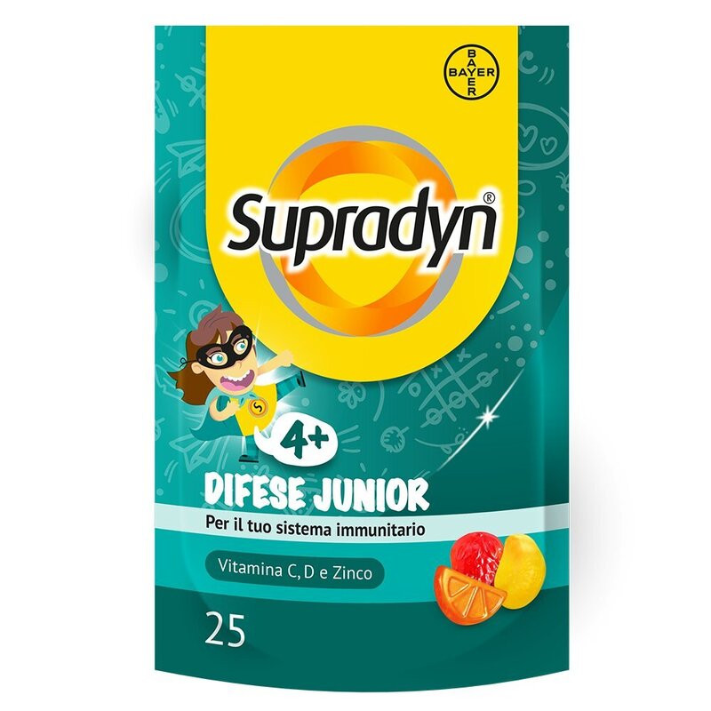 Supradyn Difese Junior Integratore Multivitaminico con Vitamina C, D e Zinco per le Difese Immunitarie dei Bambini, Gusto Arancia, Fragola e Papaya, 25 Caramelle Gommose