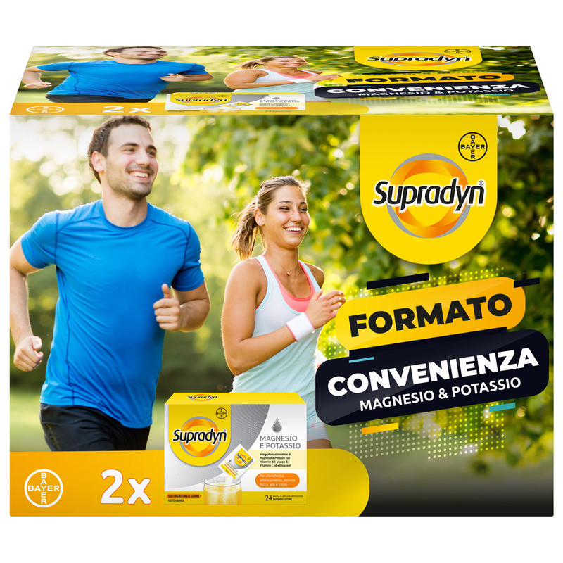 Supradyn Magnesio e Potassio, Edizione Limitata, Integratore completo con Vitamine B, Vitamina C e Minerali, in caso di Caldo, Afa e Sport, Gusto Arancia, 24 + 24 Bustine