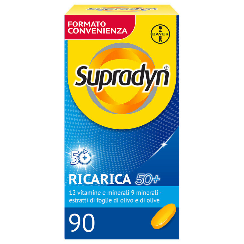 Supradyn Ricarica 50+ Integratore Multivitaminico con Vitamina C, Vitamina D, Minerali, Antiossidanti contro Stanchezza Fisica e Invecchiamento, Gusto Arancia, 90 Compresse Rivestite