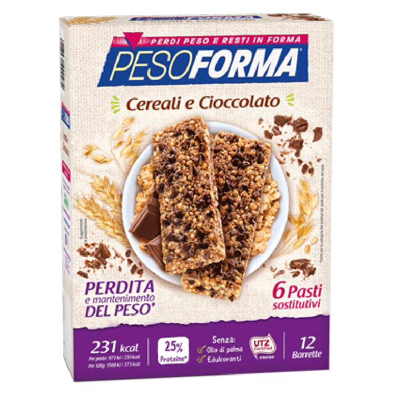 Pesoforma Barrette Ai Cereali E Cioccolato - 6 Pasti sostitutivi per perdita e mantenimento del peso corporeo - 12 barrette