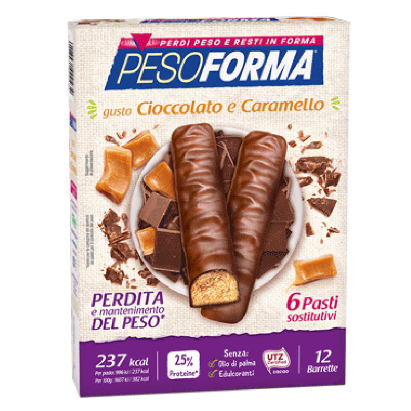 Pesoforma Barrette Cioccolato e Caramello - 6 Pasti sostitutivi per perdita e mantenimento del peso corporeo - 12 barrette