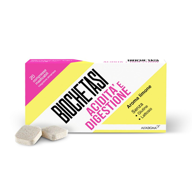 BIOCHETASI Digestione e Acidità contro sintomi del reflusso, acidità e bruciore di stomaco - 20 compresse masticabili