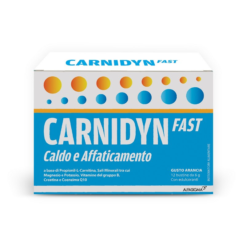 Carnidyn Fast Caldo e Affaticamento, integratore di Sali minerali, magnesio e potassio, zinco e selenio, con Carnitina, utile in caso di spossatezza da caldo o attività sportiva - 12 Bustine