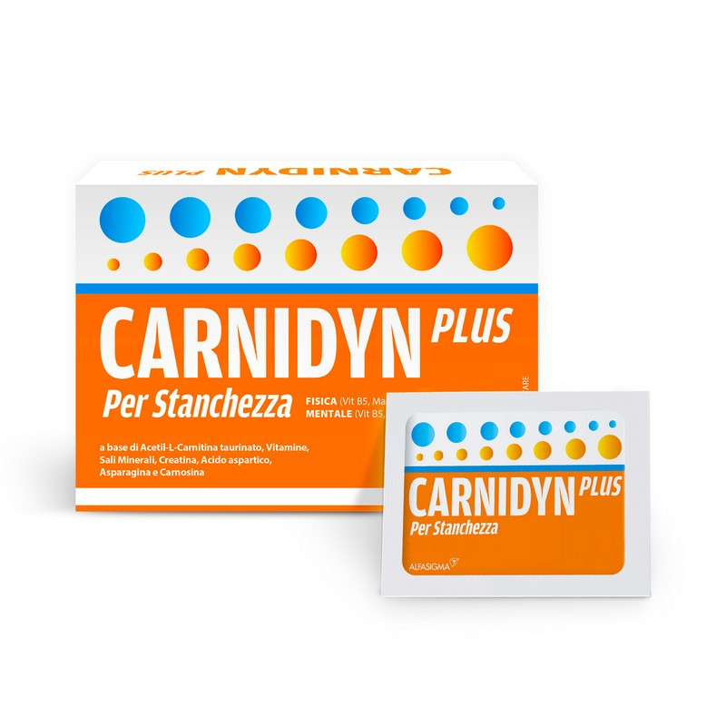 Carnidyn Plus Integratore Alimentare a base di Sali minerali, Carnitina, vitamine, per Stanchezza Mentale e Fisica, utile in caso di spossatezza - 20 Bustine