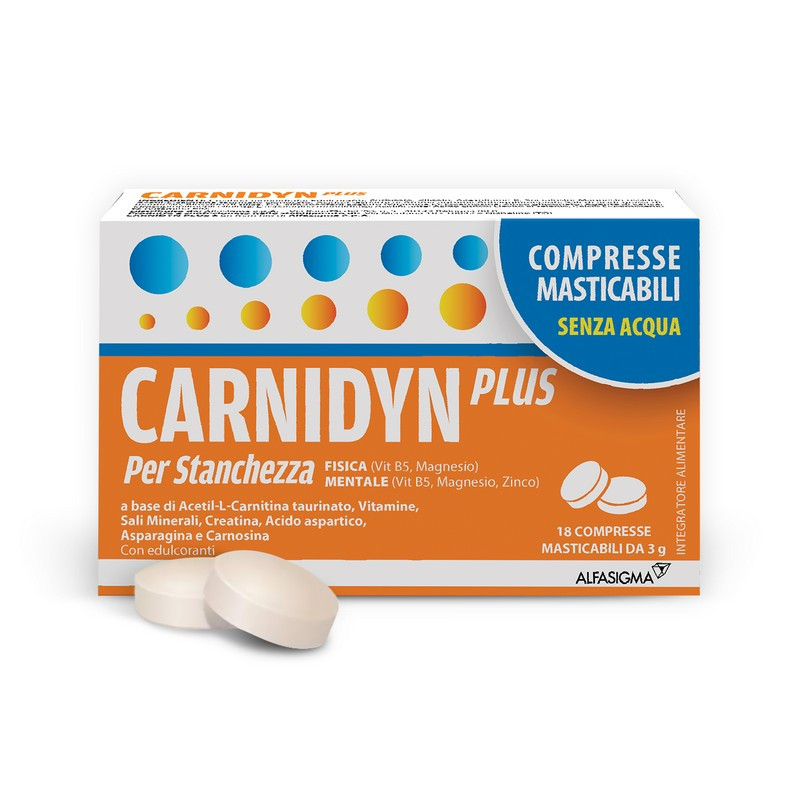 Carnidyn Plus Integratore Alimentare a base di Sali minerali, Carnitina, vitamine, per Stanchezza Mentale e Fisica, utile in caso di spossatezza, 18 Compresse Masticabili Senza Acqua da 3g, Gusto Agrumi