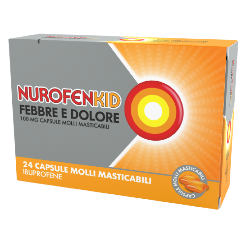 NurofenKid Febbre e Dolore - Ibuprofene 100 mg - 24 capsule molli masticabili
