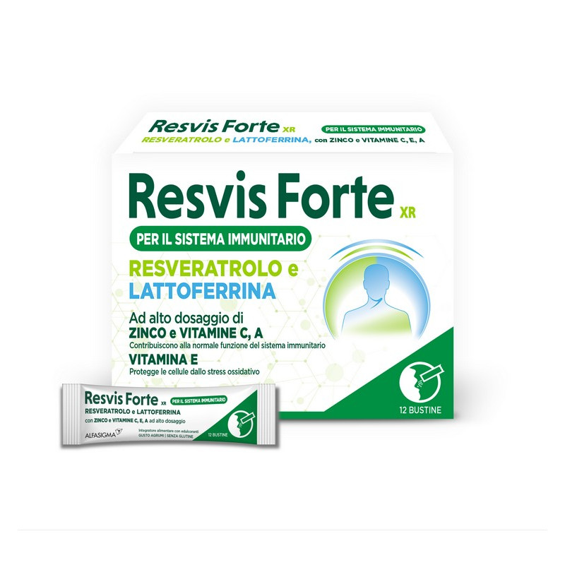 Resvis Forte XR Bustine Orosolubili, Integratore Alimentare di Resveratrolo e Lattoferrina, per il benessere del sistema immunitario, rinforza le difese immunitarie. Senza Glutine, 12 Bustine Orosolubili da 1.8g, Gusto Agrumi